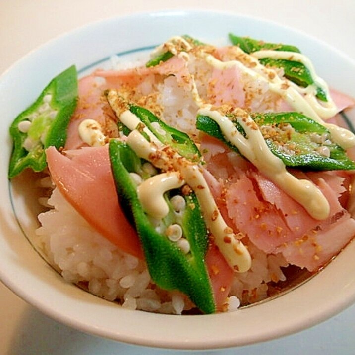 麺つゆ/マヨ/アマニで　ロースハムとオクラのご飯